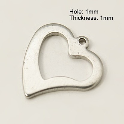 201 Stainless Steel Pendants, Heart, 15.5x15x1mm, Hole: 1mm