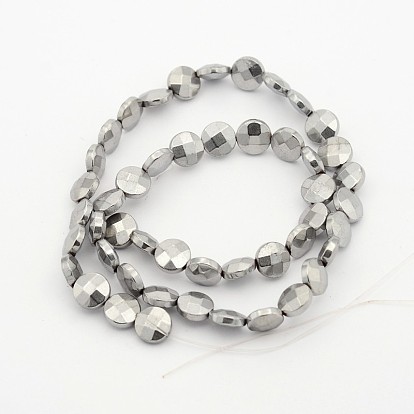 Electroplate Non-magnetic Synthetic Hematite Bead Strands, Faceted Flat Round, 8x4mm, Hole: 1mm, about 48pcs/strand, 15.1 inch