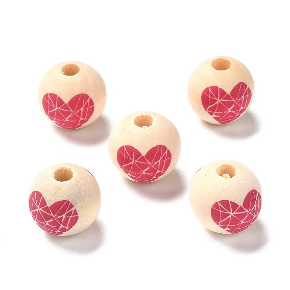 Perles européennes en bois imprimées, Perles avec un grand trou   , ronde avec motif coeur