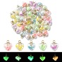 50Pcs 5 Colors Glow in the Dark Luminous Glass Pendants, with Golden Plastic Pendant Bails and Resin Rhinestone Inside, Heart Charms