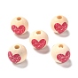 Printed Wood European Beads, Large Hole Beads, Round with Heart Pattern