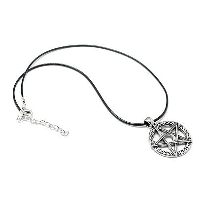 Alloy Pendant Necklaces, Wicca Jewelry, with Waxed Cord and Iron End Chains, Star and Moon
