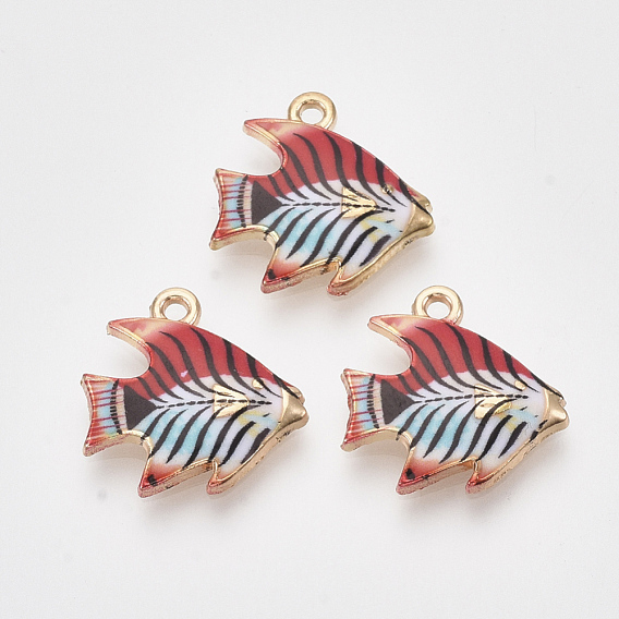 Printed Alloy Pendants, with Enamel, Tropical Fish, Light Gold