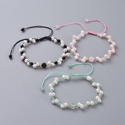 Perles tressées bracelets, avec des perles de culture d'eau douce naturelles, pierre naturelle, perles en laiton et fil de nylon