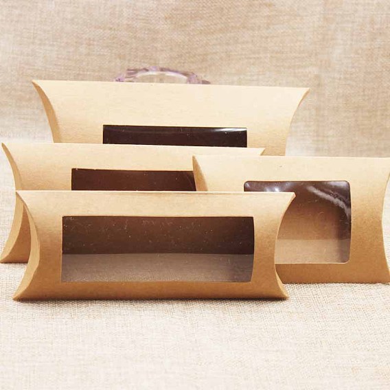 Kraft Paper Pillow Candy Box, for Wedding Favors Baby Shower Birthday Party Supplies, with Clear Window
