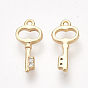 Brass Cubic Zirconia Charms, Key, Nickel Free, Real 18K Gold Plated