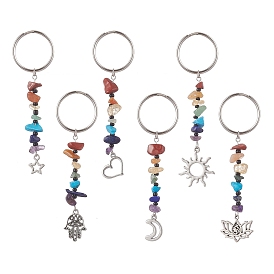 Natural Gemstone Chips Keychains, Alloy Charms Keychains with Iron Split Key Rings, Star/Moon/Heart/Hamsa Hand/Flower/Sun
