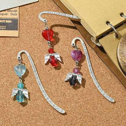3Pcs 3 Colors Glass Bead Heart Angel Bookmarks, Tibetan Style Alloy Hook Bookmarks