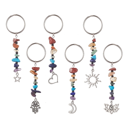 Porte-clés éclats de pierres précieuses naturelles, porte-clés à breloques en alliage avec porte-clés fendus en fer, étoile/lune/cœur/hamsa main/fleur/soleil