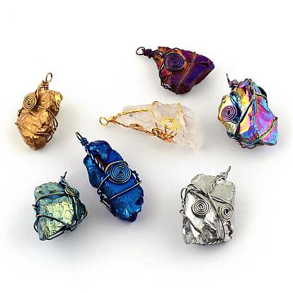 Galvanoplastie pendeloques de cristal naturelles, avec des fils de fer, pendentifs wrap, forme mixte, couleur métallique mixte