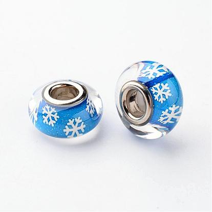 Résine perles européennes, le thème de Noël, perles de rondelle avec grand trou , avec motif de flocon de neige et de laiton noyaux doubles, platine