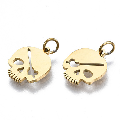 304 Stainless Steel Charms, with Jump Rings, Laser Cut, Skull, for Halloween