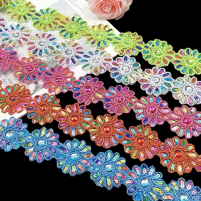 Bordure en dentelle de polyester, avec des paillettes colorées, fleur, accessoires du vêtement
