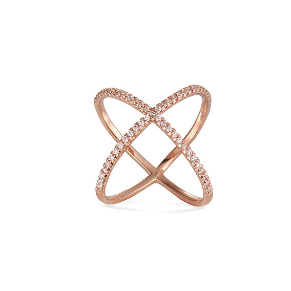 SHEGRACE Vogue Design Rose Gold Plated Brass Finger Ring, Criss Cross Ring, Double Rings, X Rings, with  Micro Pave AAA Cubic Zirconia Criss Cross, 17mm