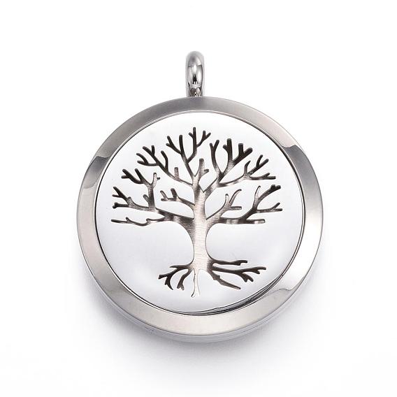 Ion Plating(IP) 316 Surgical Stainless Steel Diffuser Locket Pendants, with Perfume Pad and Magnetic Clasps, Flat Round with Tree of Life