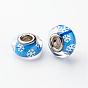 Resin European Beads, Christmas Theme, Large Hole Rondelle Beads, with Snowflake Pattern and Brass Double Cores, Platinum