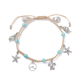 Bracelet de cheville en perles synthétiques turquoise tressées, Bracelet de cheville ajustable avec breloque en alliage de tortue, d'étoile de mer et de coquillage pour femme