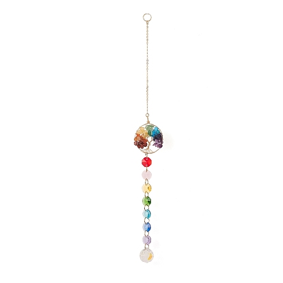 Chakra Octagon Glass Beaded Pendant Decorations, Suncatchers, Rainbow Maker, with Gemstone, Clear Faceted Glass Pendants, Flat Round with Tree of Life