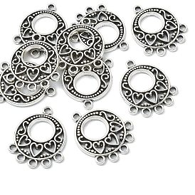 Tibetan Style Alloy Chandelier Component Links, Hollow-out, Cadmium Free & Lead Free, Flat Round with Heart