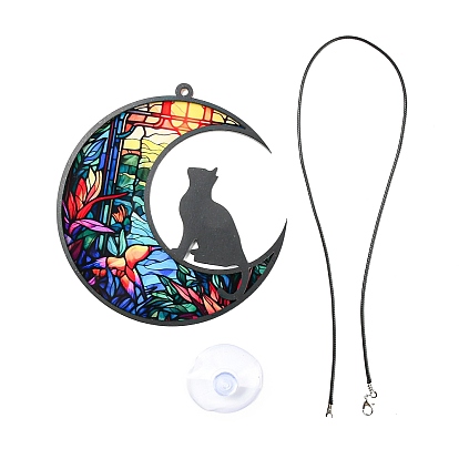 Opaque Acrylic Big Pendants, Leather Strap with Plastic Accessories
, Moon with Cat