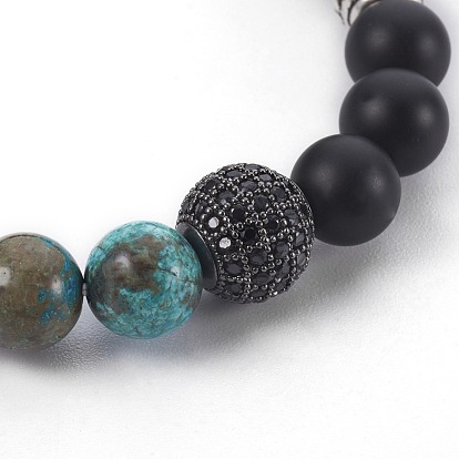 Bracelets extensibles avec pierres précieuses naturelles mélangées et perles d'agate noire naturelle (teintes), avec perles en zircone cubique et alliage