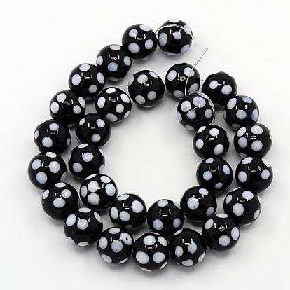 Handmade Lampwork Round Beads Strands, polka-dotted, 10mm, Hole: 1mm, about 30pcs/strand, 11.02 inch