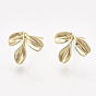 Brass Stud Earring Findings, with Loop, Real 18K Gold Plated, Nickel Free, Leaf
