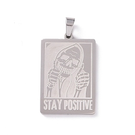 201 Stainless Steel Pendants, Rectangle with Skull & Word Stay Positive