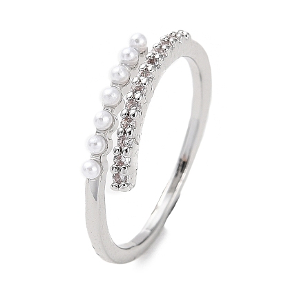 Clear Cubic Zirconia Curff Ring with ABS Imitation Pearl Beaded, Adjustable Brass Ring