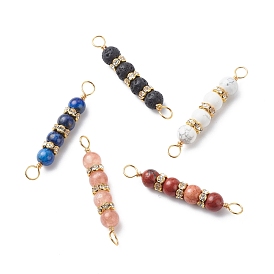 Natural Mixed Gemstone Connector Charms, with Golden Tone Copper Wire Wrapped and Brass Rhinestone Spacer Beads, Round, Mixed Dyed and Undyed
