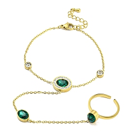 Bracelet à maillons plats et ronds en strass, avec anneau de manchette ouvert ovale en verre, placage ionique (ip) 304 bracelets en acier inoxydable