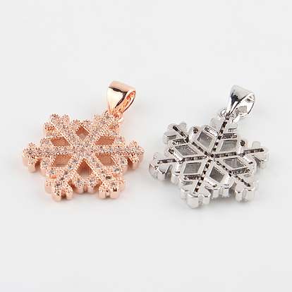 Snowflake Brass Micro Pave Cubic Zirconia Pendants, 19x15x2mm, Hole: 4.5x2mm