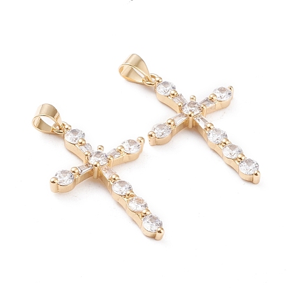 Brass Micro Pave Cubic Zirconia Pendants, Long-Lasting Plated, Cross, Clear
