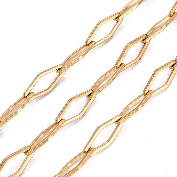 304 Stainless Steel Chains, Rhombus Link Chains, with Spool, Unwelded, Nickel Free, Real 18K Gold Plated