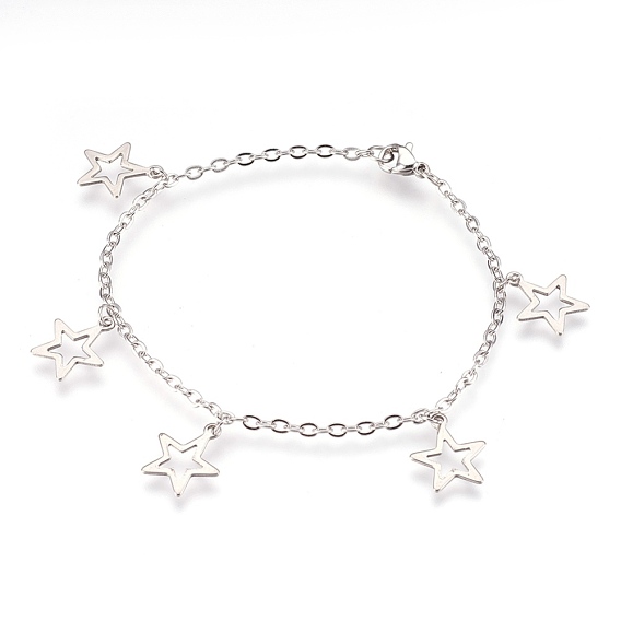 304 Stainless Steel Charm Bracelets, with Lobster Claw Clasps, Star