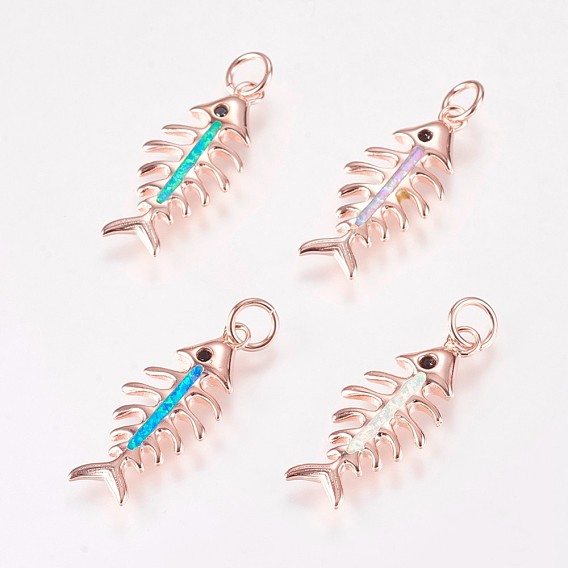 Brass Fishbone Pendants, with Synthetic Opal and Rhinestone
