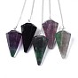 Natural Fluorite Hexagonal Pointed Dowsing Pendulums, with Copper Clad Iron Cross Chains, Cone/Spike, Platinum