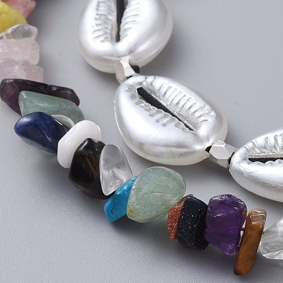 Ensembles de collier de perles réglables, avec des perles de nacre acryliques en forme de coquille de cauris, Fil de nylon, perles de pierre gemme, 304 inox homard fermoirs pince
