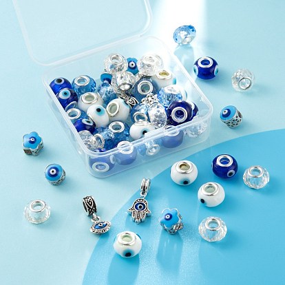DIY Jewelry Making Kits, Including Handmade Evil Eye Lampwork European Beads, Column & Flower with Evil Eye Brass Enamel European Beads, Alloy Enamel European Dangle Charms, Glass European Beads