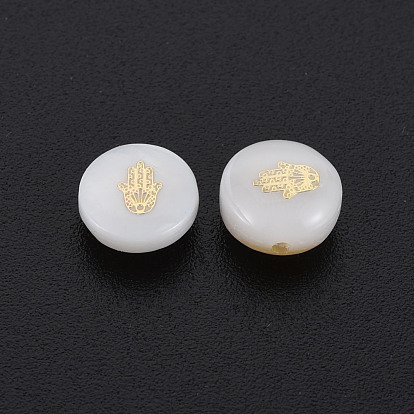 Perles de coquillages naturels d'eau douce, avec des ornements en métal en laiton doré, plat rond avec la main