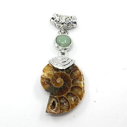 Gemstone grands pendentifs, avec les accessoires en laiton et fossiles, escargot, de couleur métal platine , 58~78x29~35x8~9mm, Trou: 4x6mm