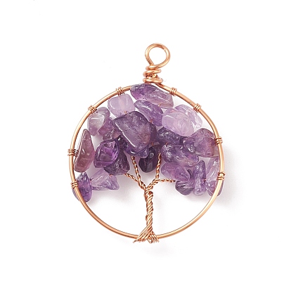 Natural Gemstone Chip Pendants, with Champagne Gold Tone Copper Wire Wrapped, Flat Round with Tree, Mixed Dyed and Undyed
