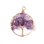 Natural Gemstone Chip Pendants, with Champagne Gold Tone Copper Wire Wrapped, Flat Round with Tree, Mixed Dyed and Undyed