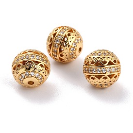 Brass Micro Pave Clear Cubic Zirconia Beads, Long-Lasting Plated, Hollow Round