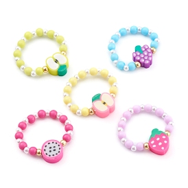Acrylic Beads Stretch Rings, with ABS Plastic Beads and Polymer Clay Fruit Beads, Round