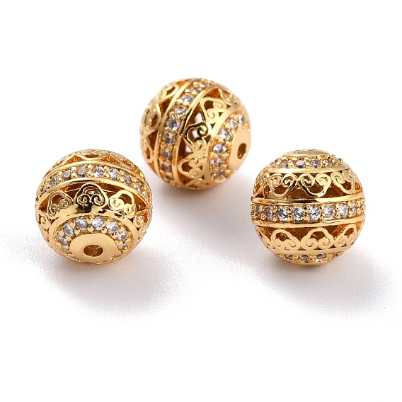 Brass Micro Pave Clear Cubic Zirconia Beads, Long-Lasting Plated, Hollow Round