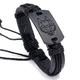 Black Leather Punk Bracelet with Wolf Head Charm for Men - Multi-layered Woven Cord Cuff