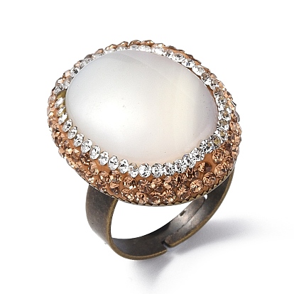 Natural Shell Oval Adjustable Ring with Rhinestone, Rack Plating Brass Wide Ring for Women