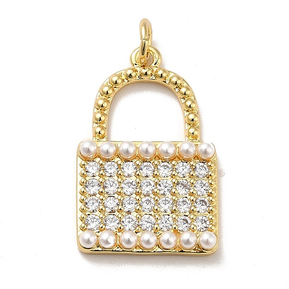 Micro latón allanan colgantes cúbicos del zirconia, con perla de imitación de plástico y anillo de engarce, larga duración plateado, real 18 k chapado en oro, candado