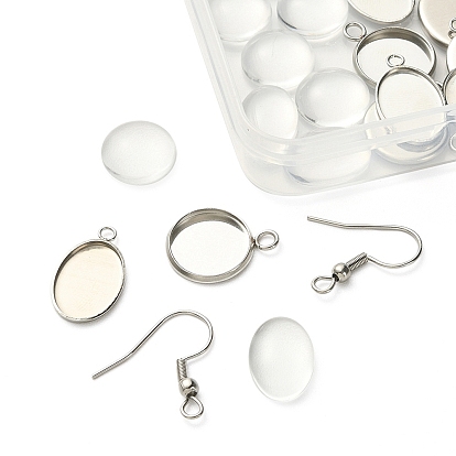 Kit de fabrication de boucles d'oreilles pendantes en forme de dôme vierge, y compris 304 montures cabochon pendentif rond plat en acier inoxydable et crochets de boucle d'oreille, Cabochons en verre